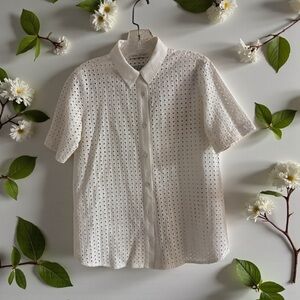 Each X Other Paris White Eyelet Short Sleeve Button-up Shirt 100% Cotton
